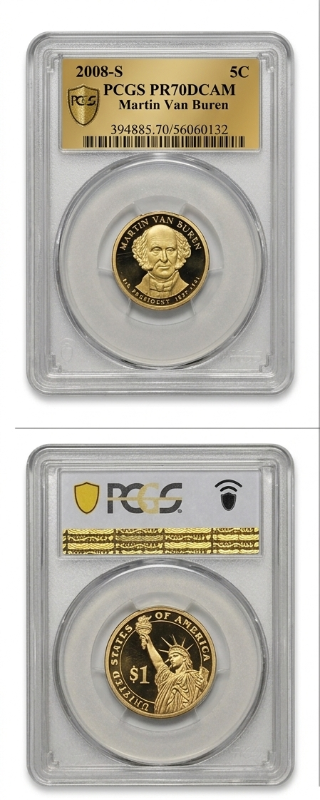 PCGS graded 2008-S $1 Martin Van Buren gold coin shown in a clear holder, with front and back detail views on a white background.