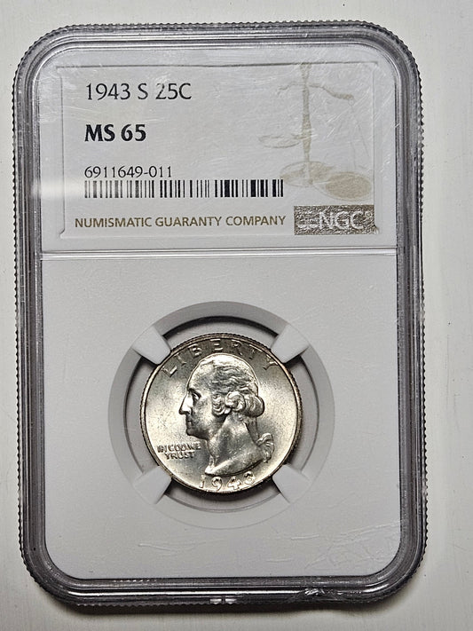 1943-S Silver Washington Quarter - NGC MS65 Certified - Beautiful Mint Luster