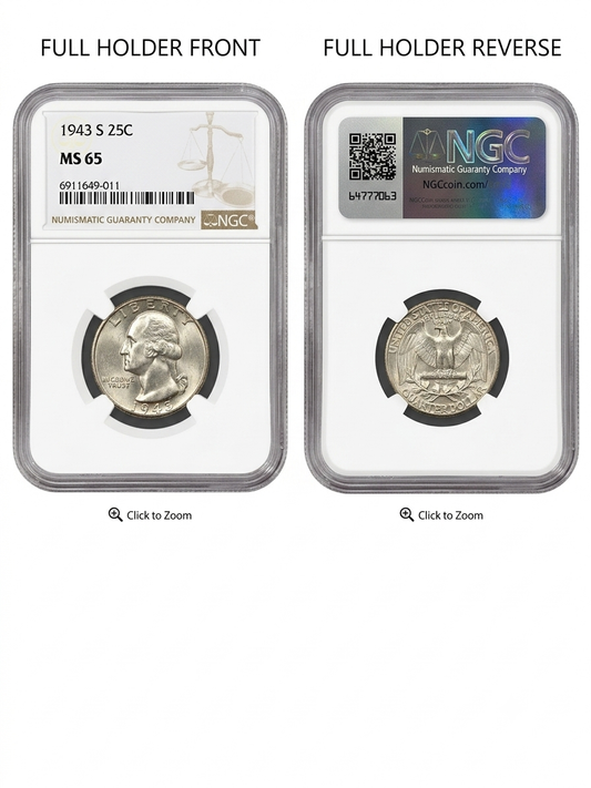 1943-S Silver Washington Quarter - NGC MS65 Certified - Beautiful Mint Luster