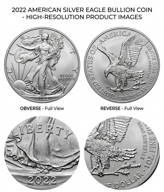 A product information graphic showing four high-resolution views of a 2022 American Silver Eagle Bullion Coin, including full obverse and reverse views plus close-up detail views, on a white background with product title text at the top