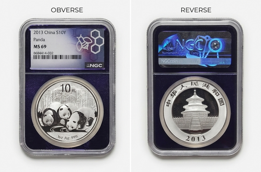 A 2x2 collage showing a 2013 China 10 Yuan silver coin from both obverse and reverse sides, each displayed inside a NGC holder. The top row shows the encapsulated coin with labels 'OBVERSE' and 'REVERSE'; the bottom row shows close-up views of the panda design on the obverse and the Temple of Heaven design on the reverse.