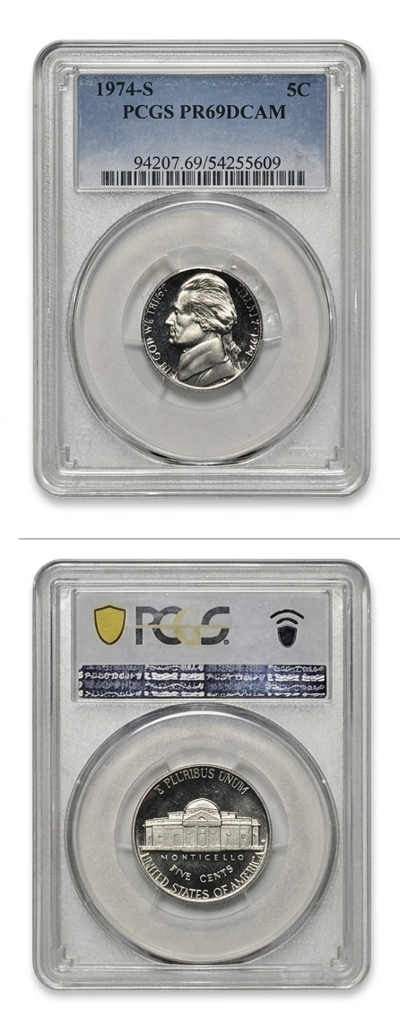A collage showing a 1974-S 5 cent Abraham Lincoln quarter coin, including a graded PCGS slab, an obverse detail, and a reverse detail. The coin is displayed both inside a clear PCGS holder and as a close-up of the metal surface, with text labels and a shop deck reference at the bottom.