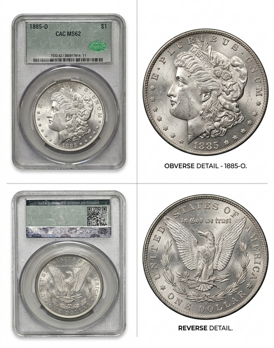 A 1885 Morgan dollar coin shown in two certified encapsulations and two detail views on a white background. The top-left shows the coin in a graded slab with a green grade label, and the bottom-left shows the reverse side in a different slab.