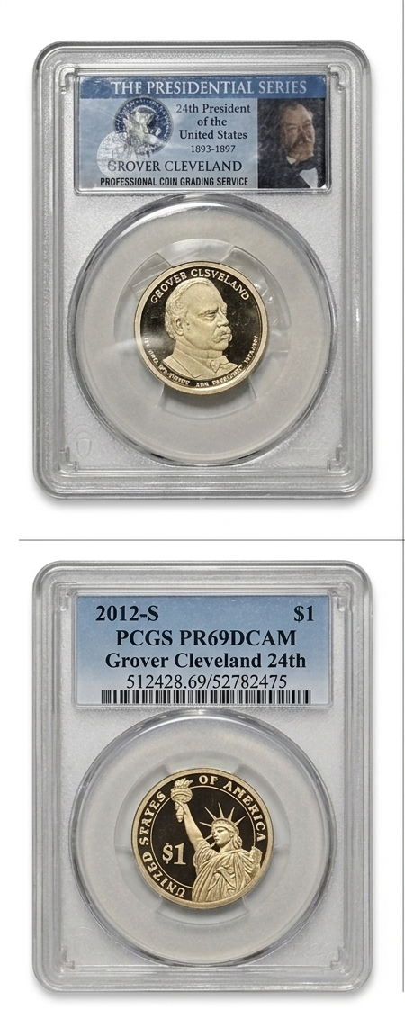 A product collage showing a 2012-S $1 Grover Cleveland coin in PCGS packaging, with close-up views of both the obverse and reverse sides. The top-left panel shows the coin inside a clear PCGS holder with a label, and the bottom-right panel shows the reverse side detail.