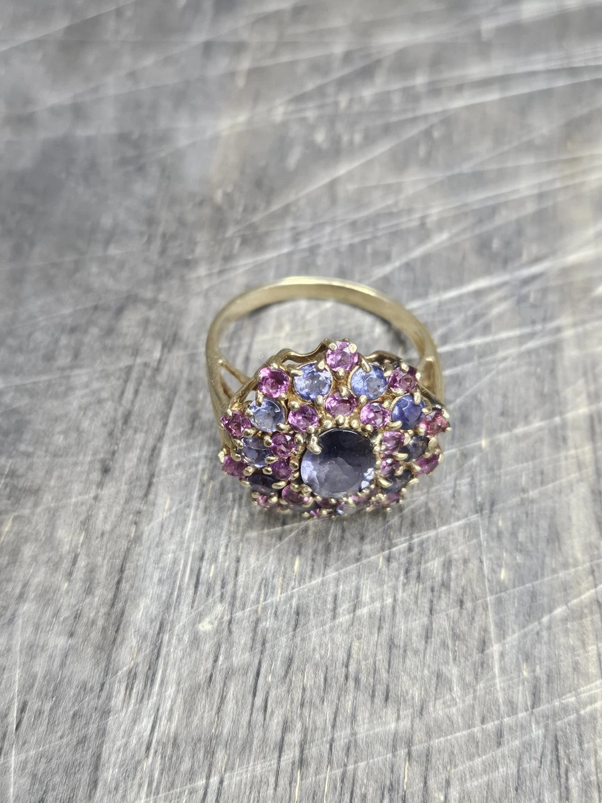 Vintage 10K Gold Tanzanite Pink Tourmaline Cluster Ring Size 9-9.25 4.8g