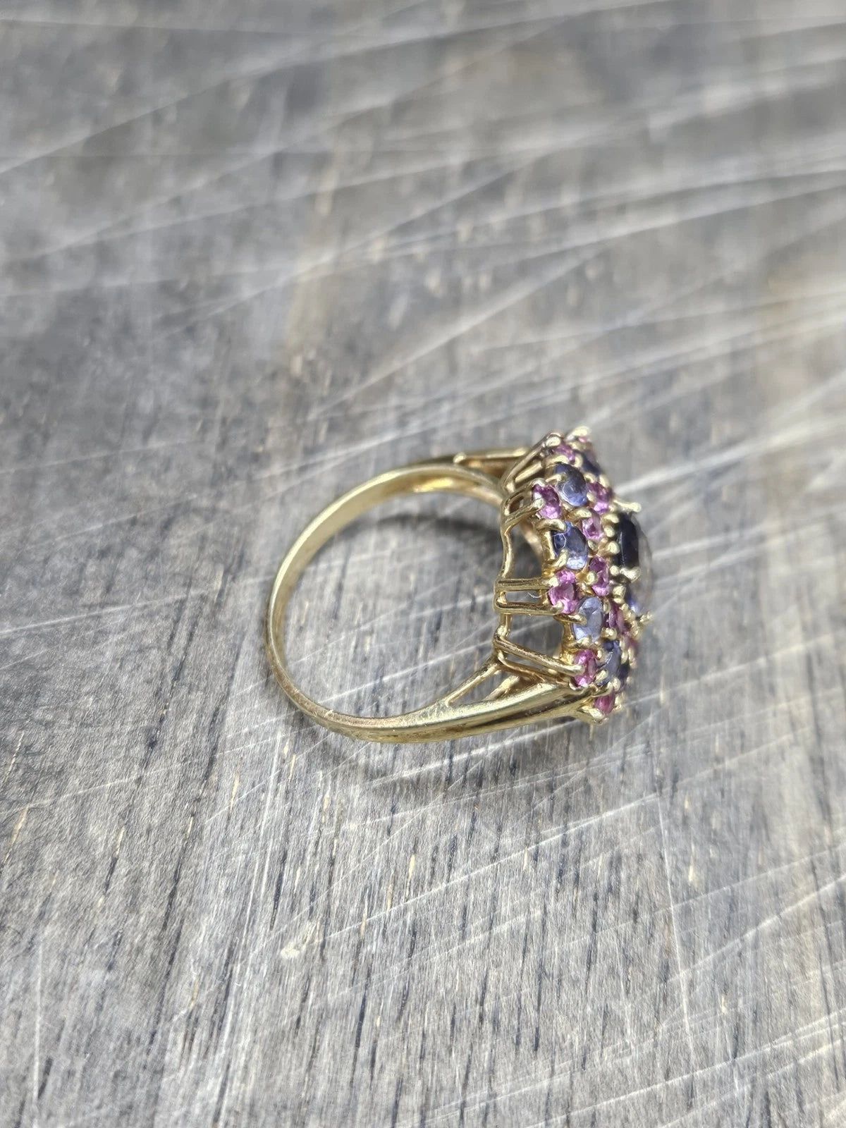 Vintage 10K Gold Tanzanite Pink Tourmaline Cluster Ring Size 9-9.25 4.8g