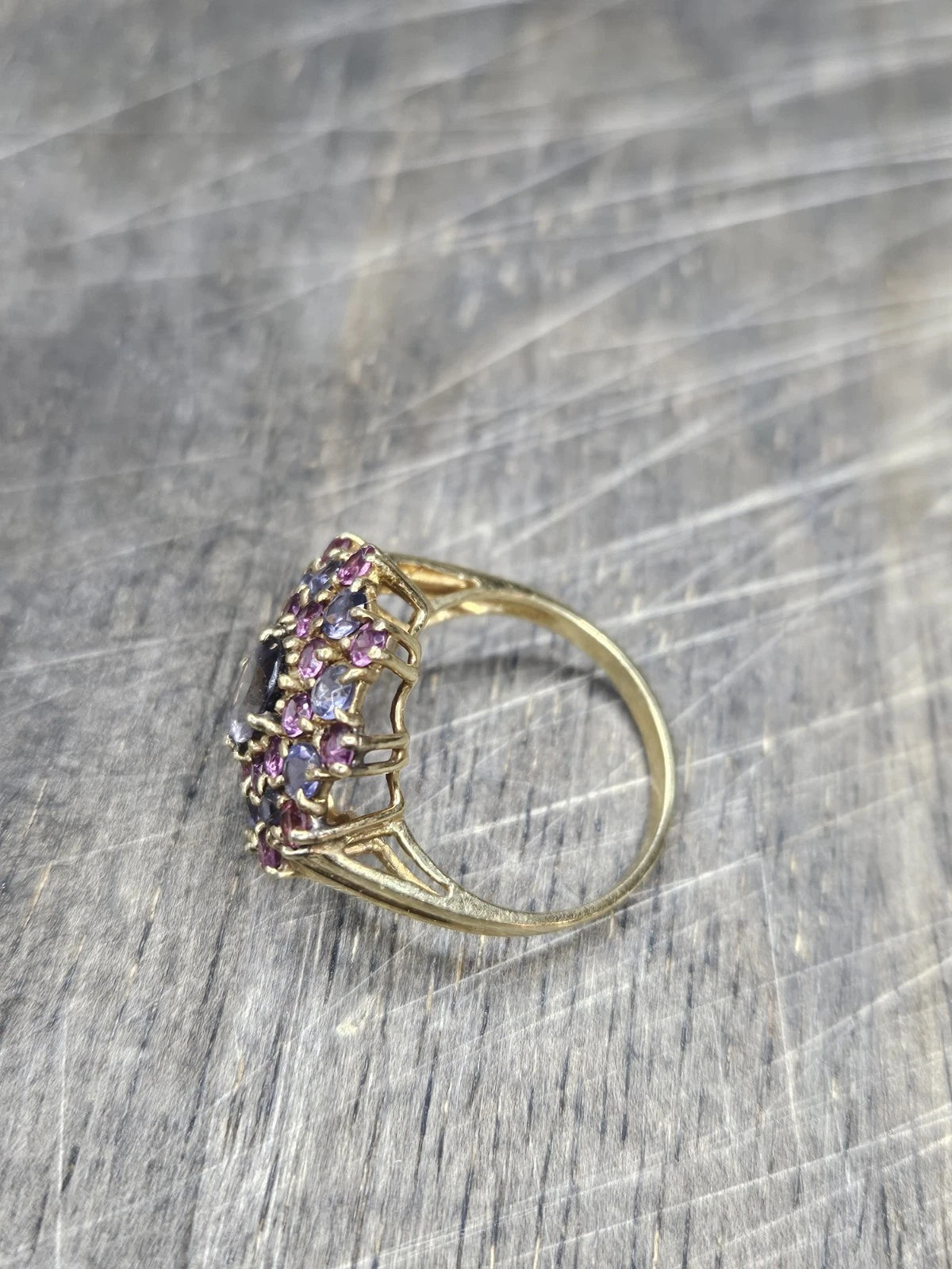 Vintage 10K Gold Tanzanite Pink Tourmaline Cluster Ring Size 9-9.25 4.8g